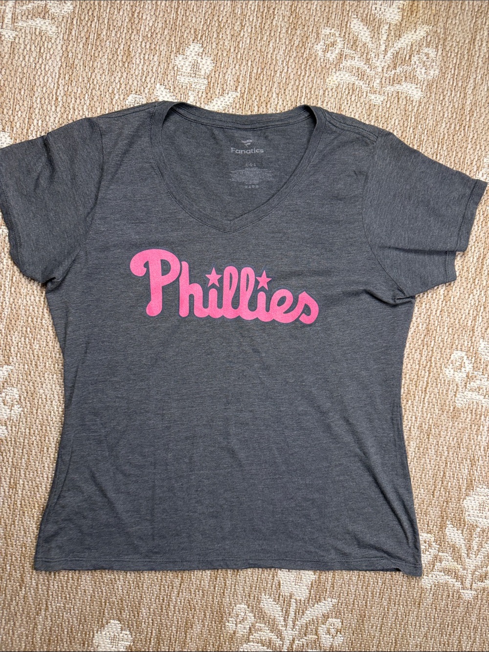 Fanatics Gray V-Neck Tee with Pink Phillies Script